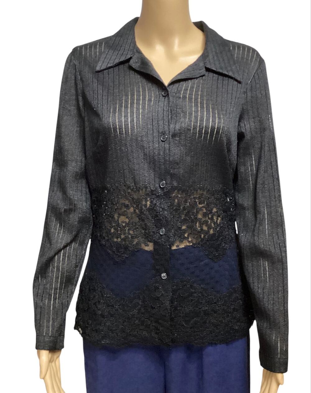 Express Black Sheer Striped Lace Waist Button-Down Long Sleeve Blouse Top sz 7/8